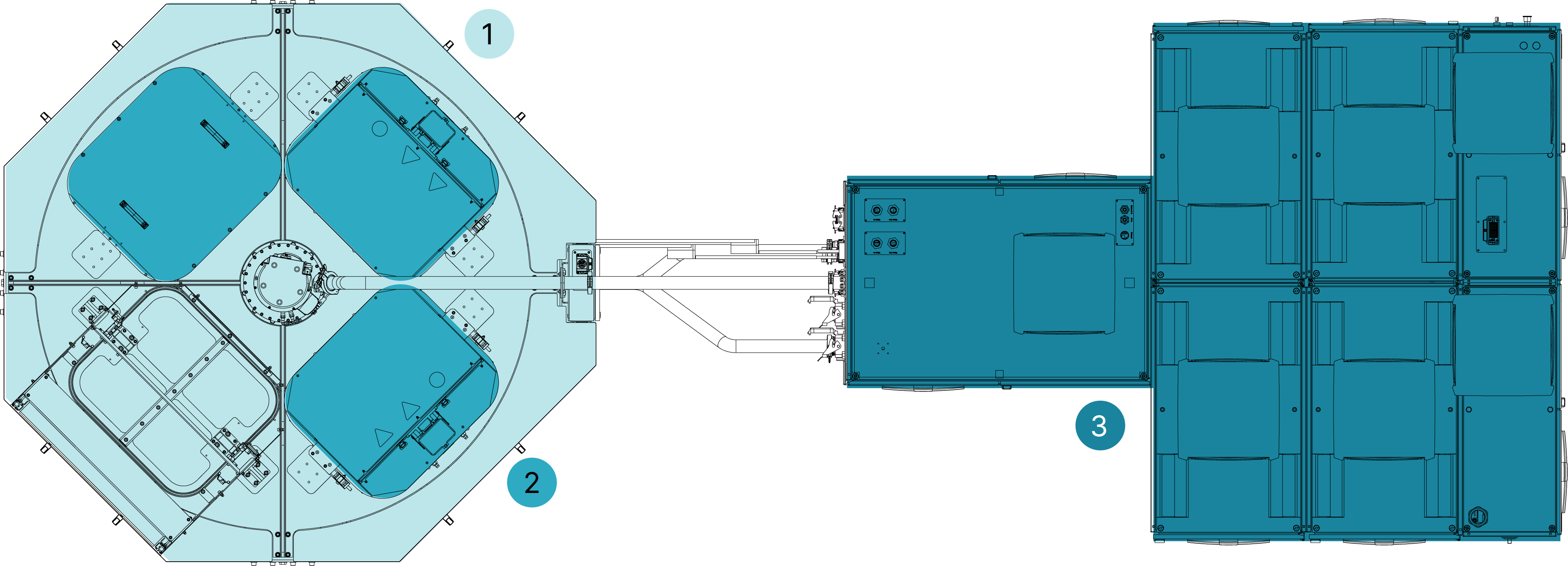 Technical drawing showing the top view of an INLINECOATER and the different modular machine parts